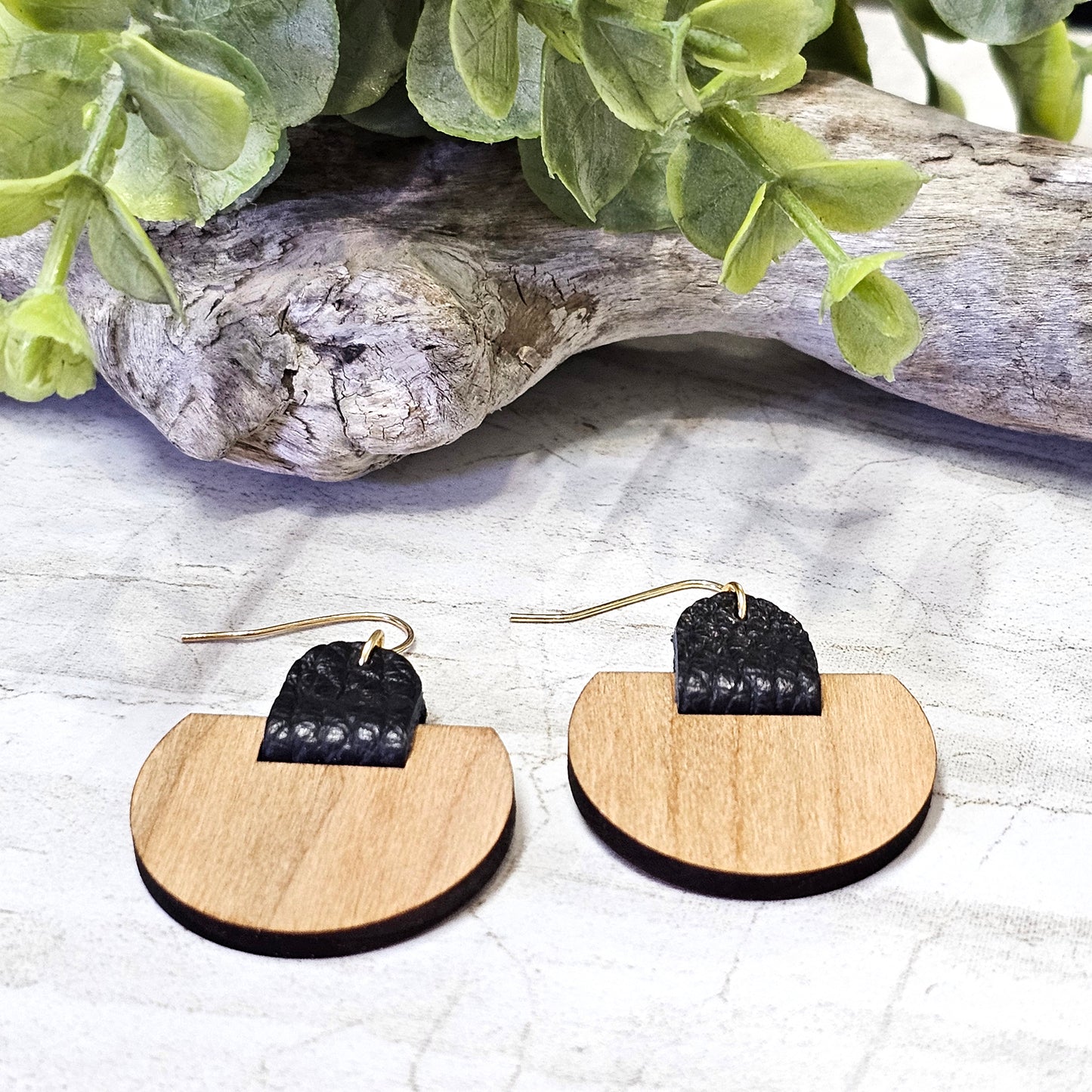 Leather/Wood/Metal Handcrafted Earrings-LWM-85