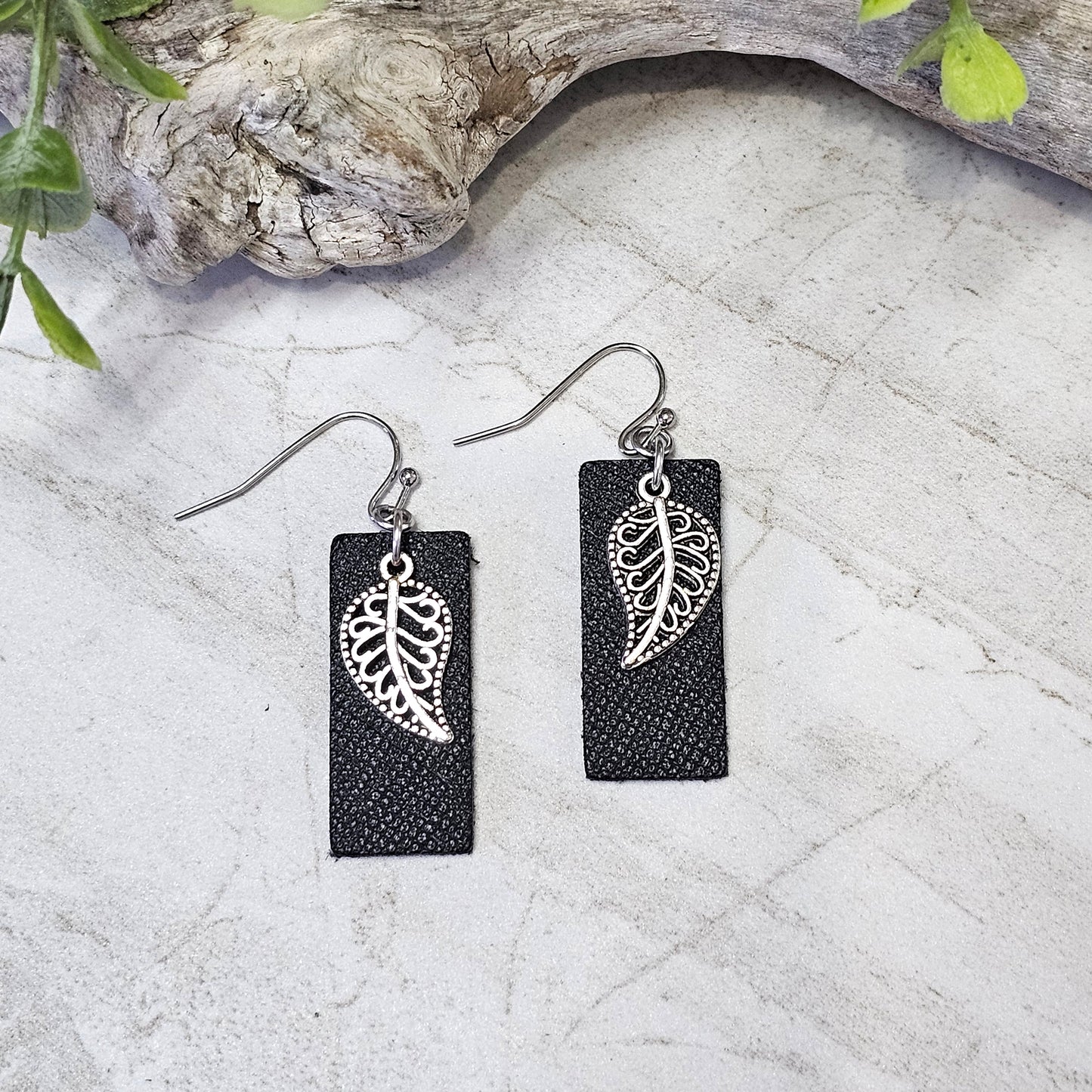 Leather/Wood/Metal Handcrafted Earrings-LWM-98