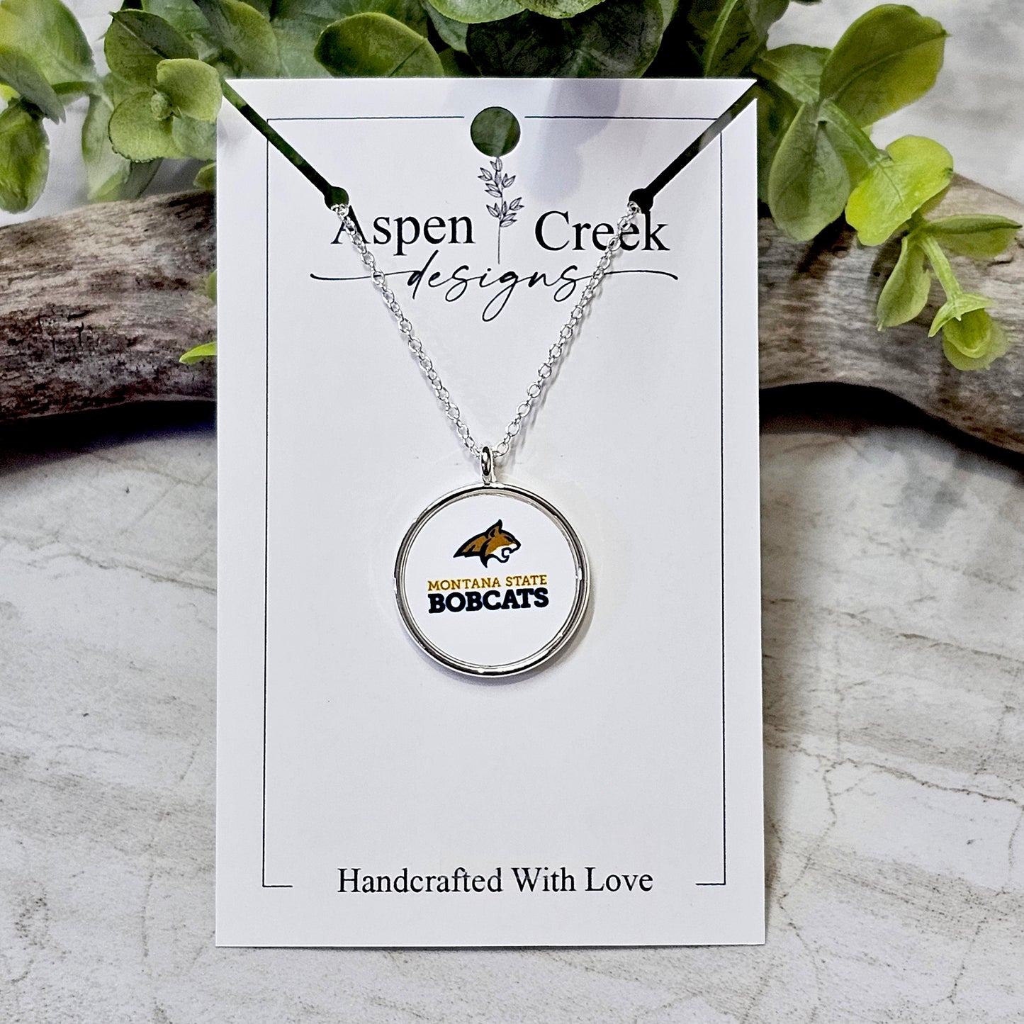 Silver Bezel Sublimation College Football Necklaces-NSC-2- Montana Bobcats