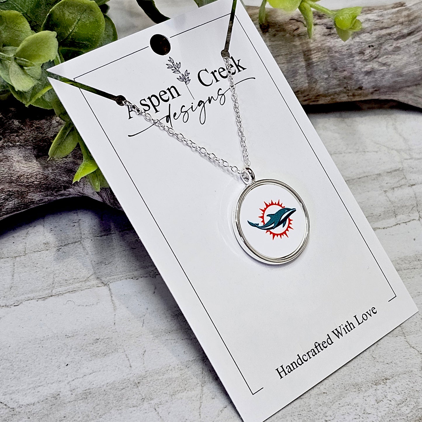 NFL Silver Bezel Sublimation Necklaces-NSN-Dolphins