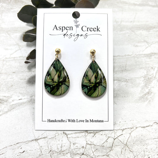 Resin Earrings- Green Abstract