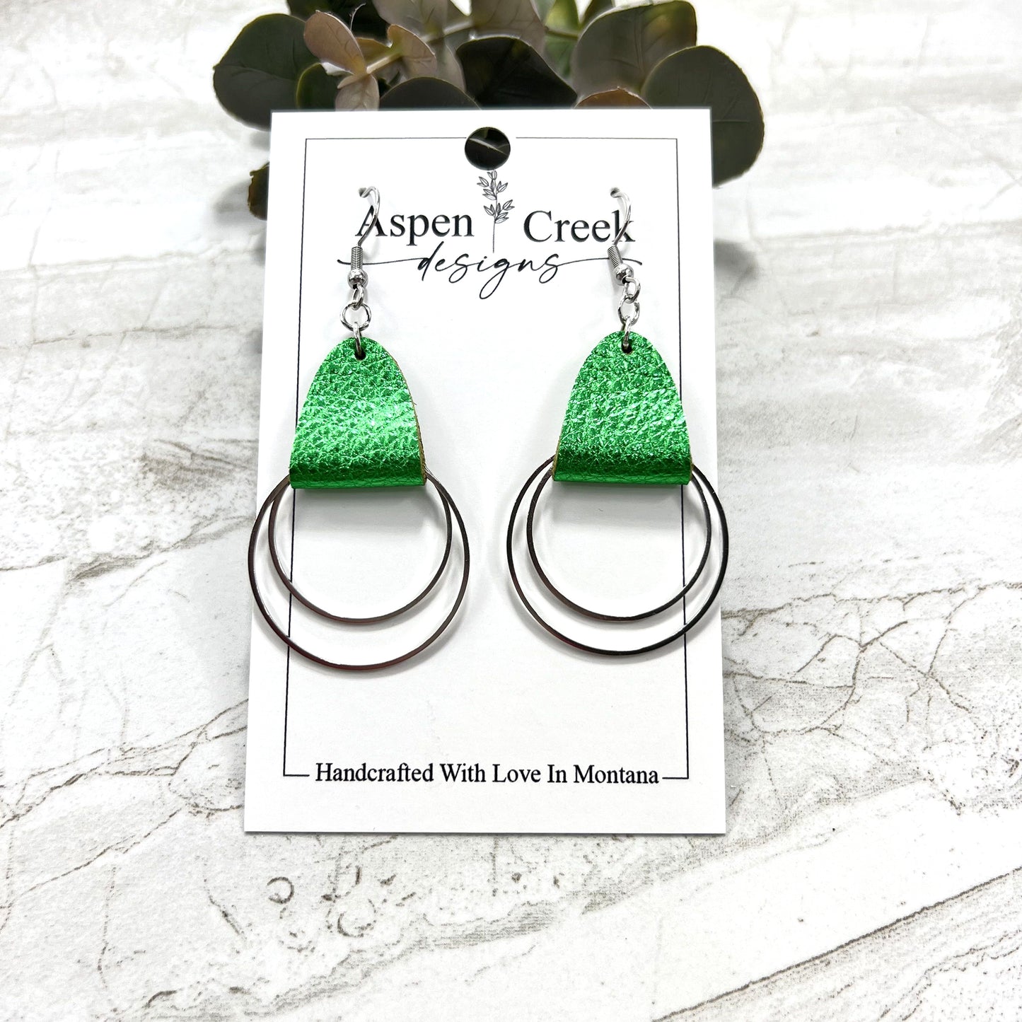 Leather & Wire Earrings- Green Metallic