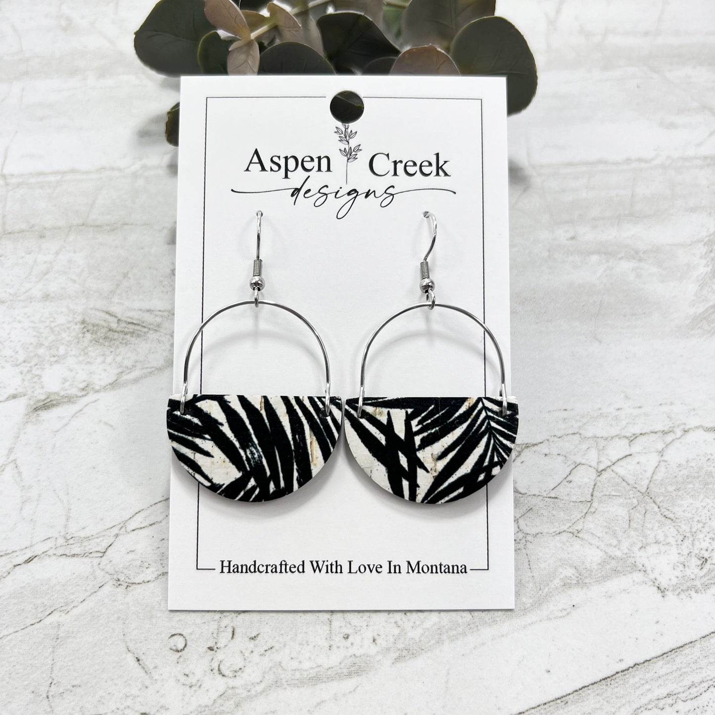 Cork Over Leather & Wire Earrings- Black Palm Fronds