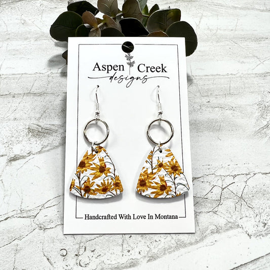 Leather & Wire Earrings- Yellow Flowers