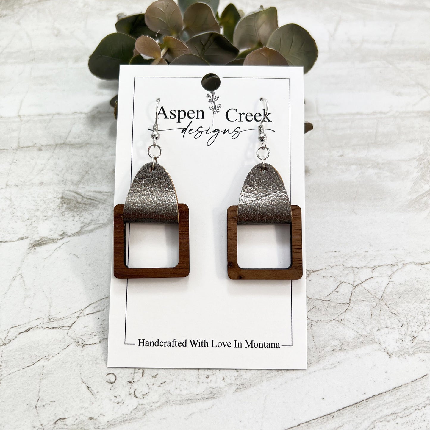 Leather Wood Tier Earrings- Walnut With Gun Metal