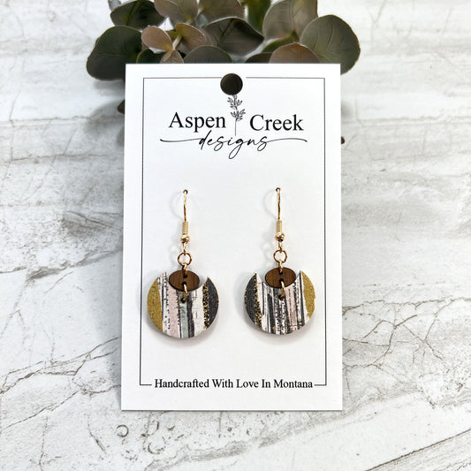 Cork Over Leather Wood Tier Earrings- Walnut With Boho Brush Strokes