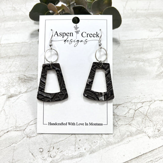 Leather & Wire Earrings- Black & Silver Embossed