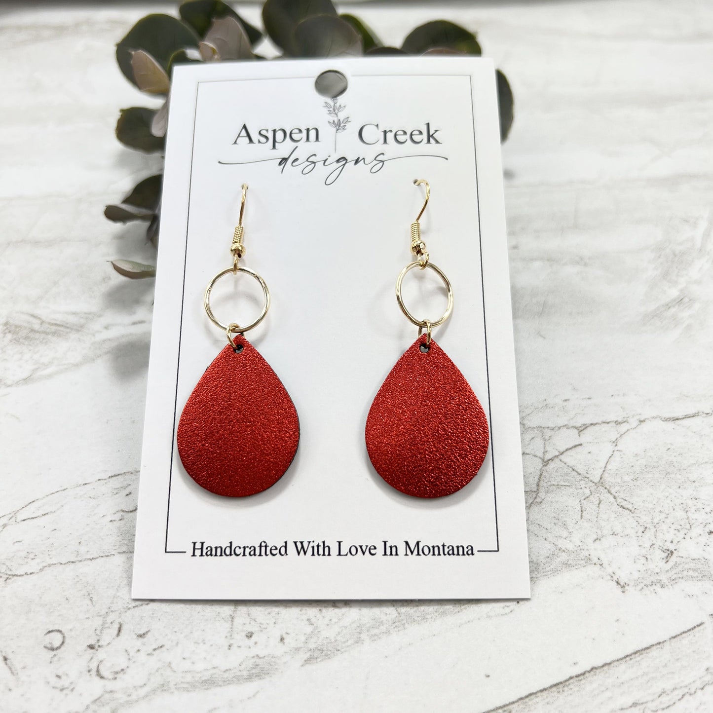 Leather & Wire Earrings- Brushed Red Metallic