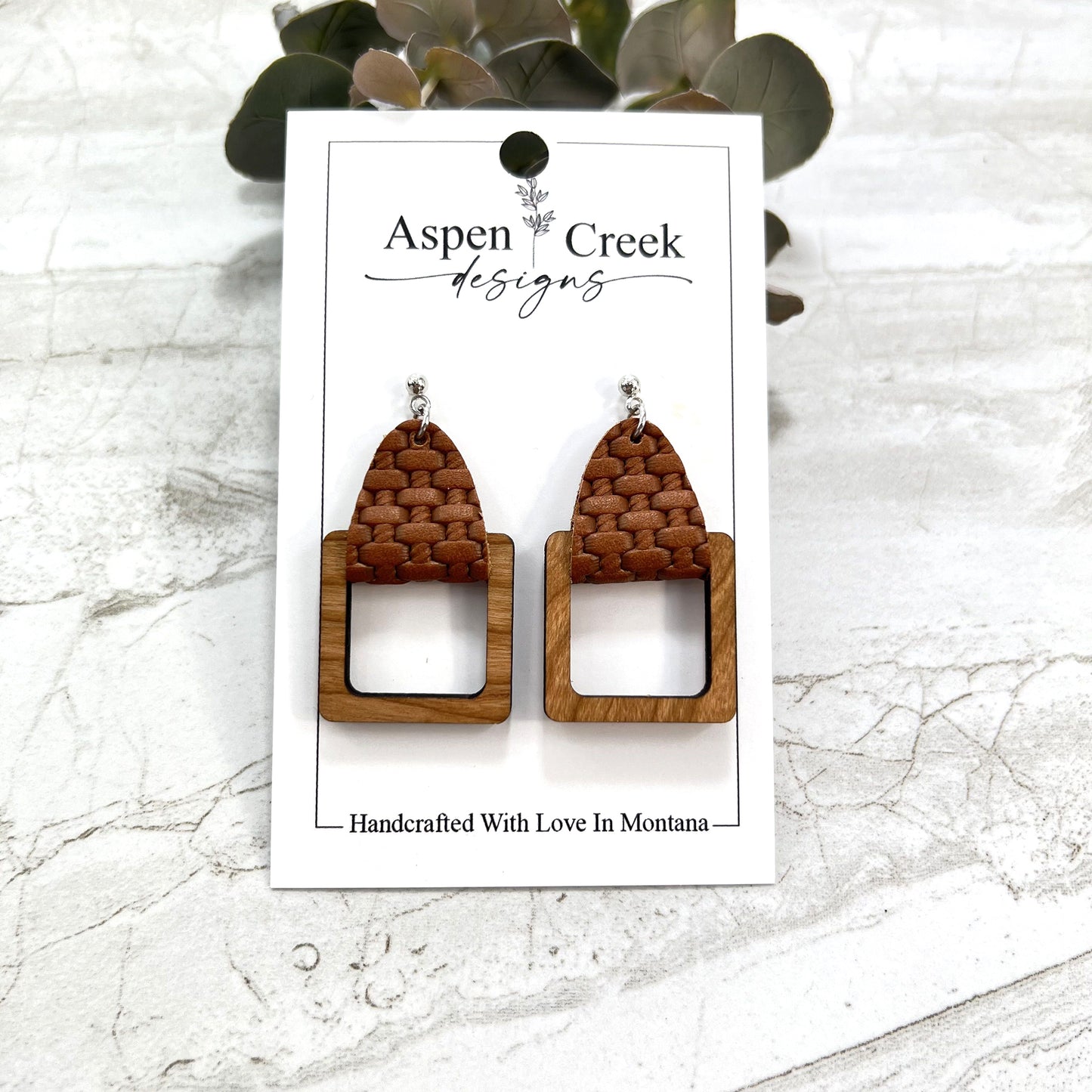 Leather Wood Tier Earrings- Cherry With Brown Basket Weave