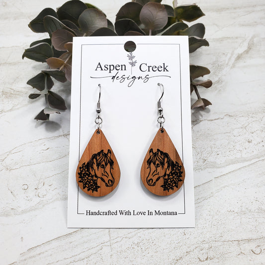 Wood Earrings- Etched Horse