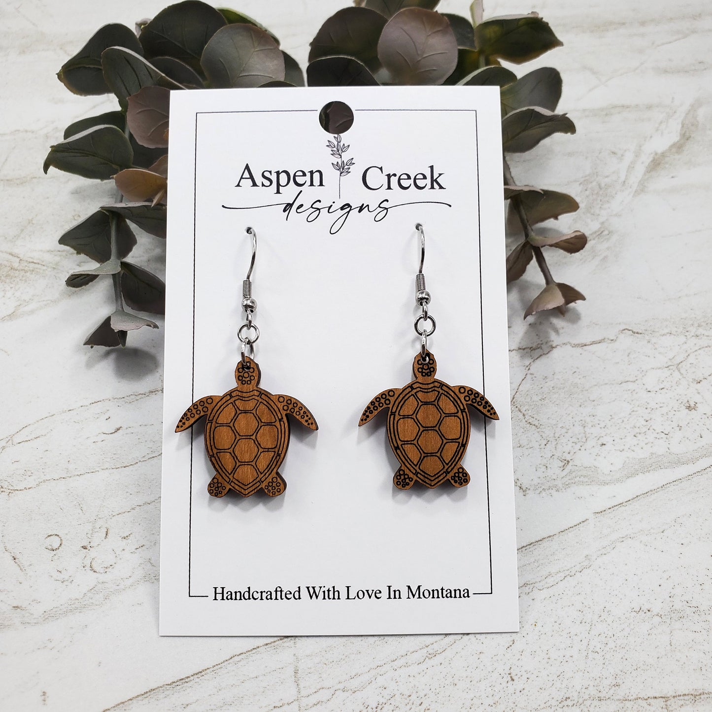 Wood Earrings- Etched Turtles