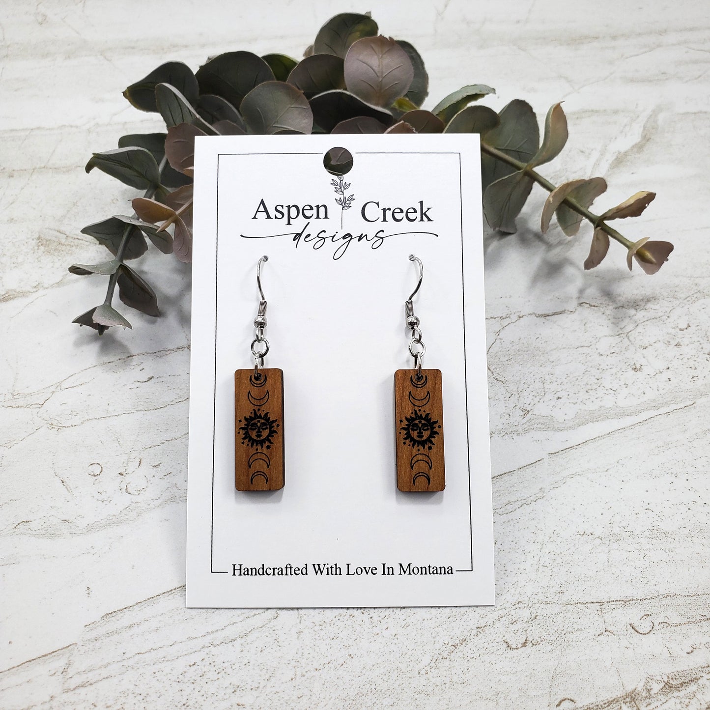 Wood Earrings- Etched Moon Phase