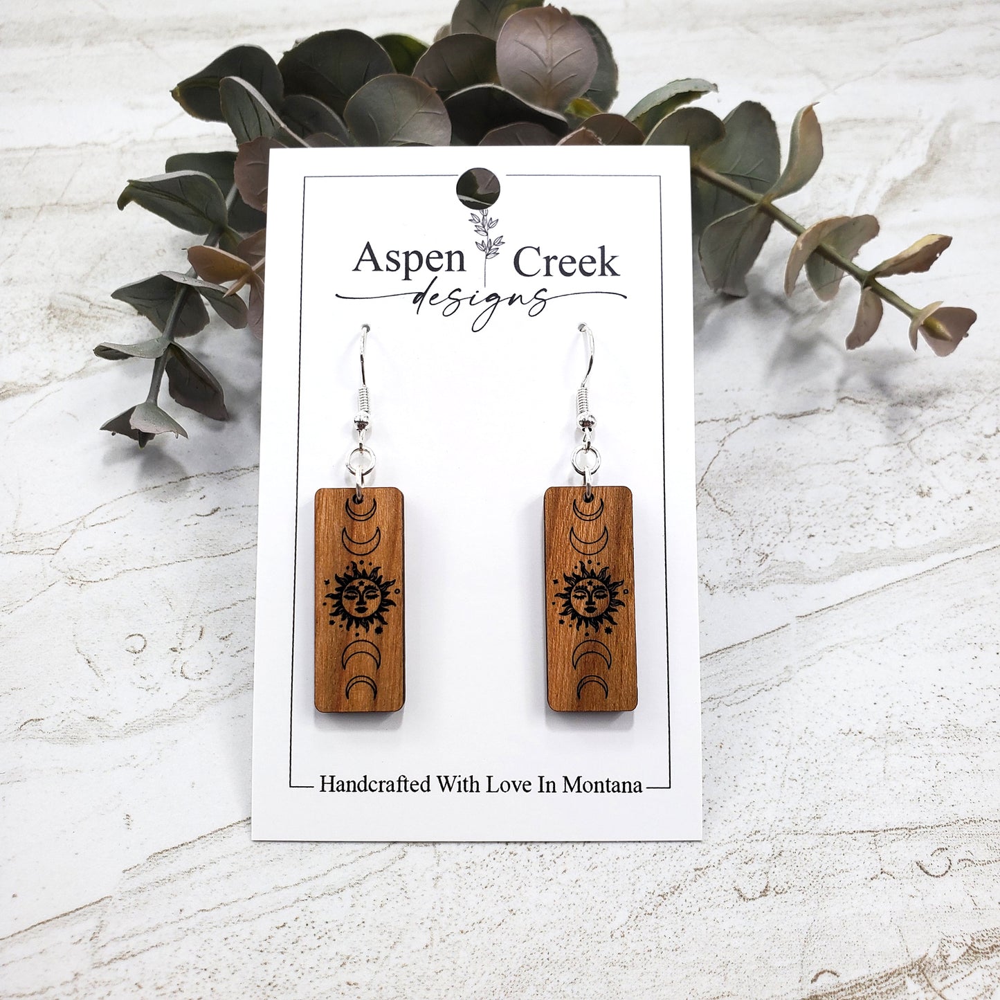 Wood Earrings- Etched Moon Phase