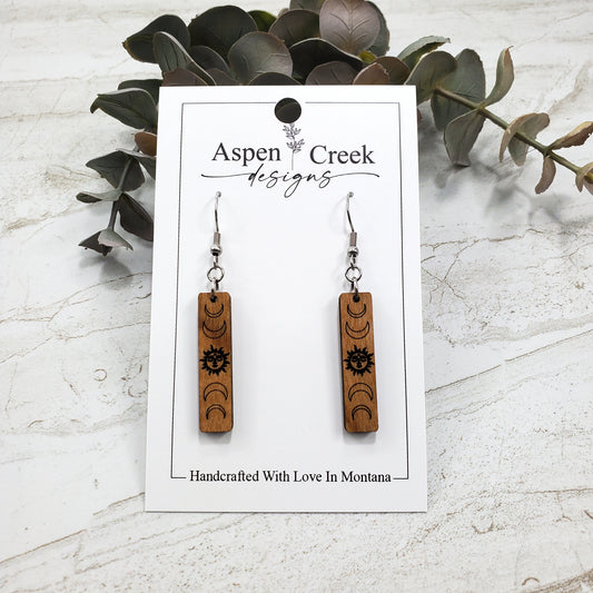 Wood Earrings- Etched Moon Phase