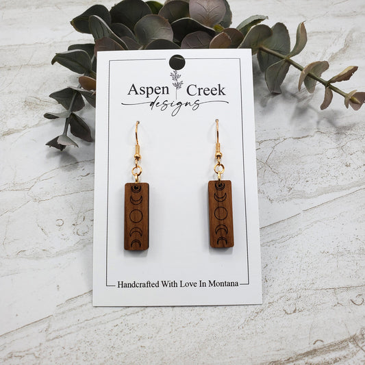 Wood Earrings- Etched Moon Phase