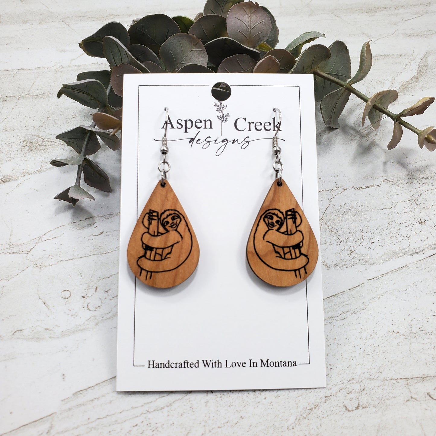 Wood Earrings- Sloth