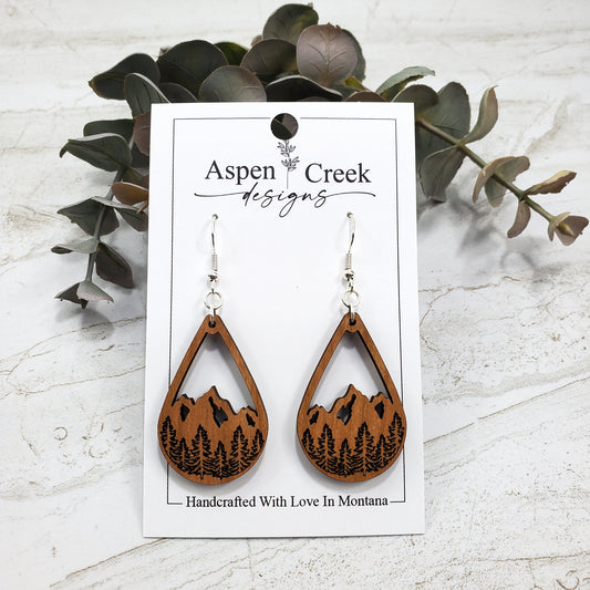 Wood Earrings- Etched Trees On Mountains