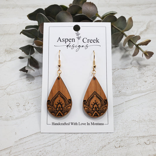 Wood Earrings- Etched Mandala