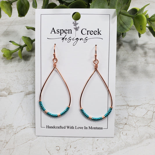 Wire Hoops- Teardrop With Copper & Turquoise Beads