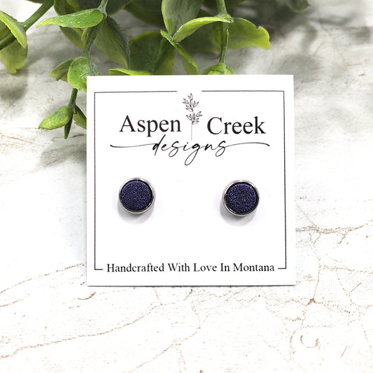 Leather Stud Earrings- Purple Satin