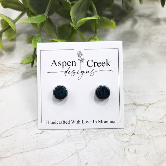 Leather Stud Earrings- Dark Teal Satin