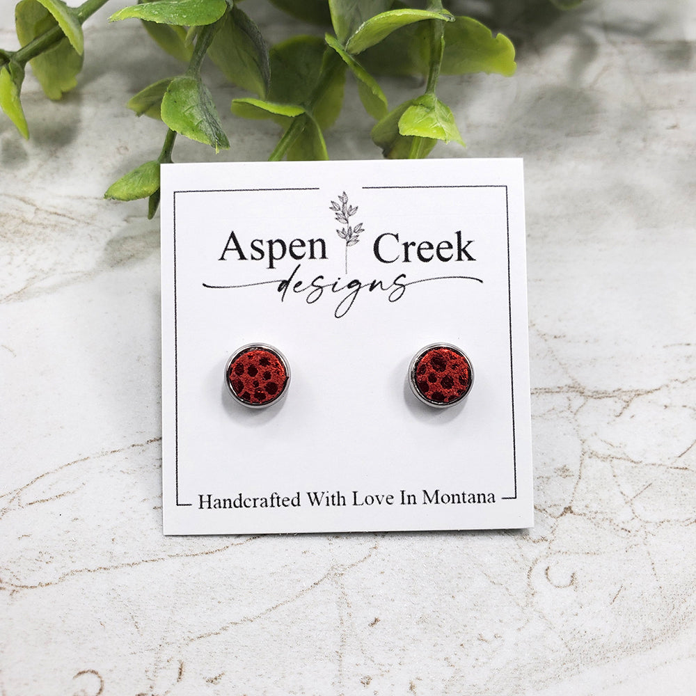 Leather Stud Earrings- Red Spots