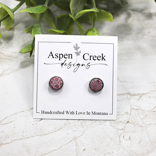 Leather Stud Earrings- Raspberry Dots