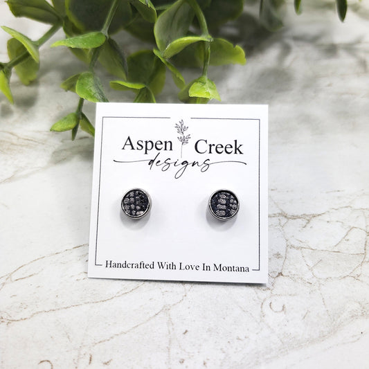 Leather Stud Earrings- Black Silver