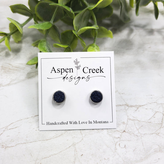 Leather Stud Earrings- Royal Blue Pebble