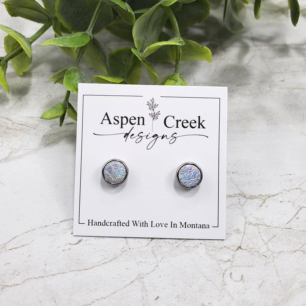 Leather Stud Earrings- Silver Iridescent