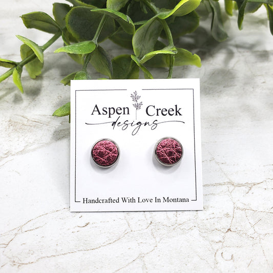 Leather Stud Earrings- Pink Metallic Pebble