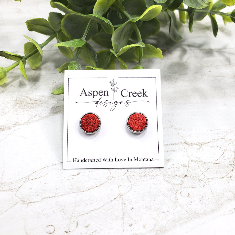 Leather Stud Earrings- Red Satin