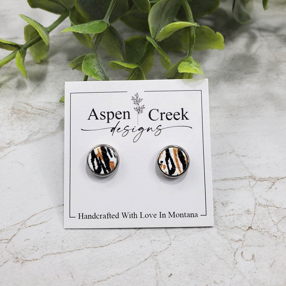 Leather Stud Earrings- Black Yellow Stripes