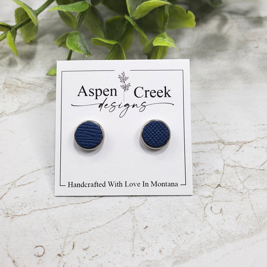 Leather Stud Earrings- Blue Saffiano