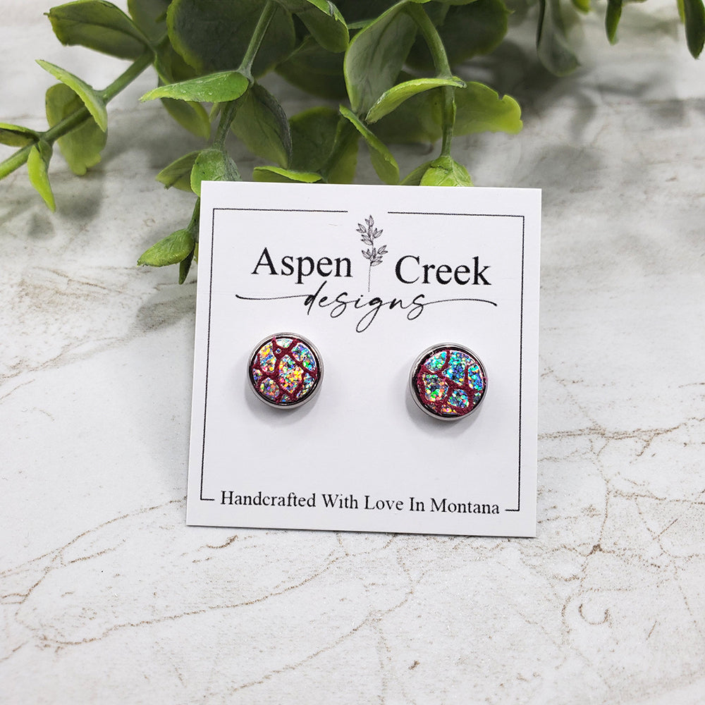 Leather Stud Earrings- Silver & Pink Crackle