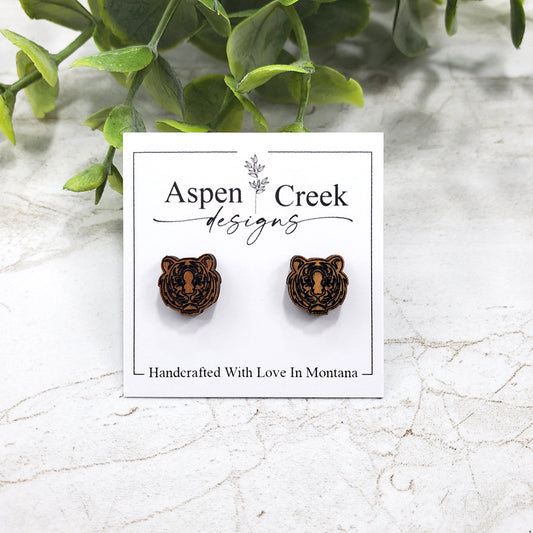 Wood Stud Earrings-Tiger