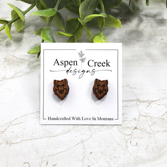 Wood Stud Earrings- Wolf