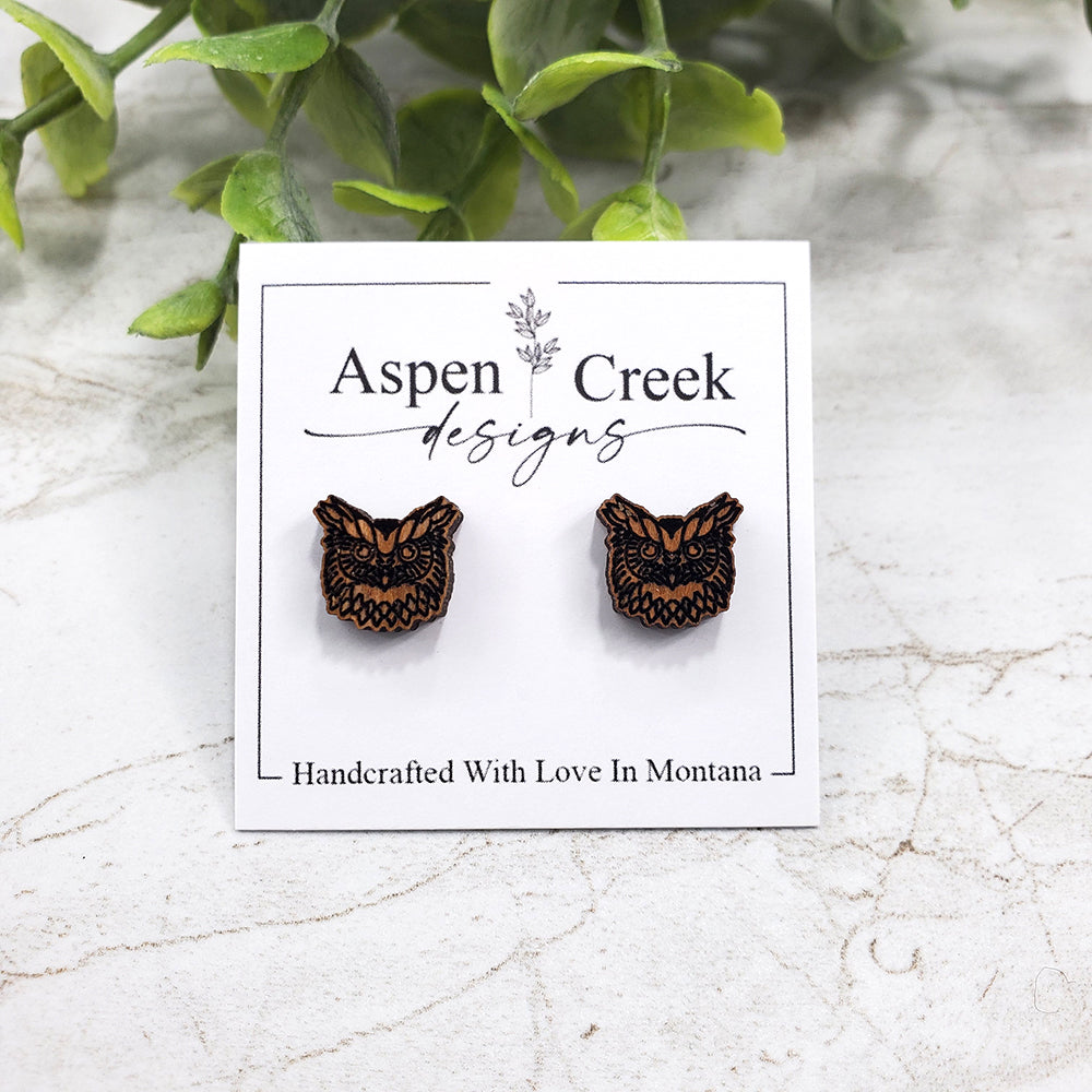 Wood Stud Earrings- Owl