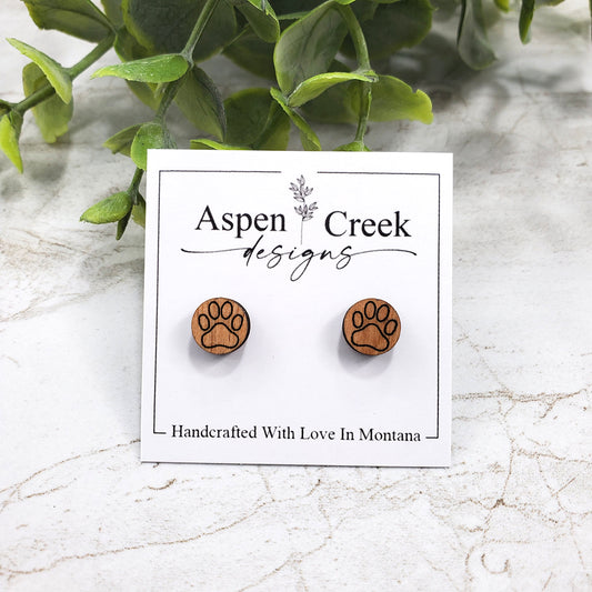 Wood Stud Earrings- Dog Paw