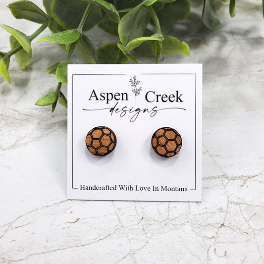 Wood Stud Earrings- Soccer Ball