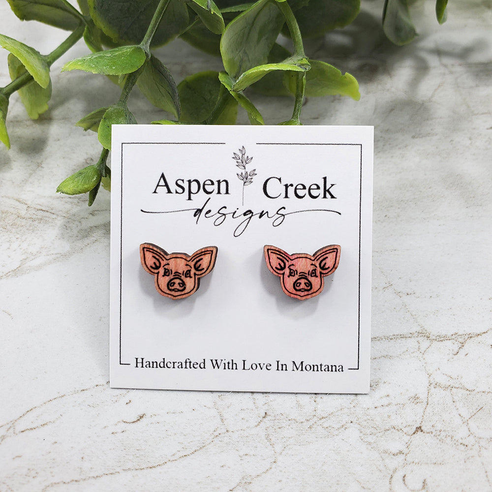 Wood Stud Earrings- Pig Face