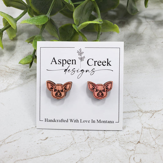 Wood Stud Earrings- Pig Face