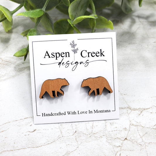 Wood Stud Earrings- Bear