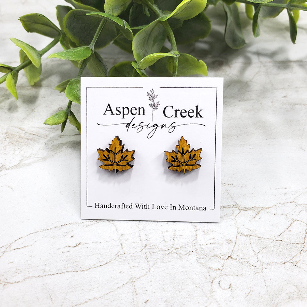 Wood Stud Earrings- Maple Leaf