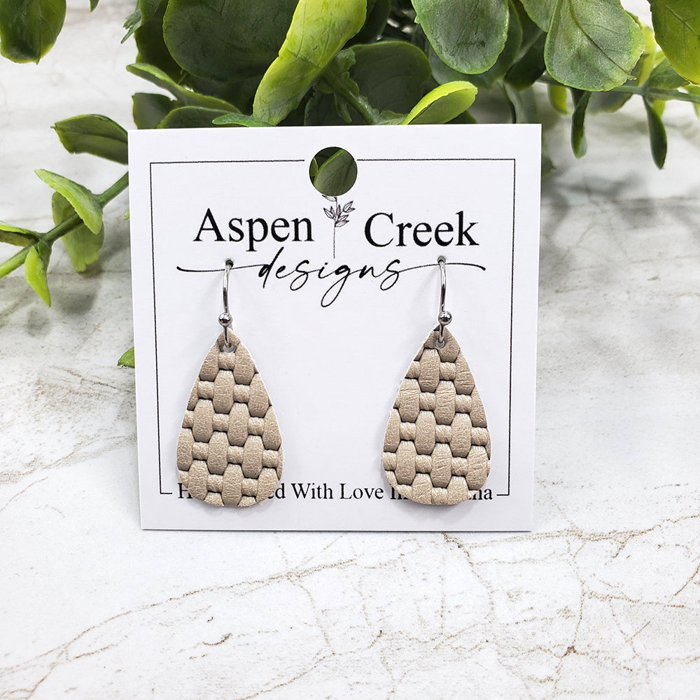 Mini Leather Earrings- Taupe Basket Weave