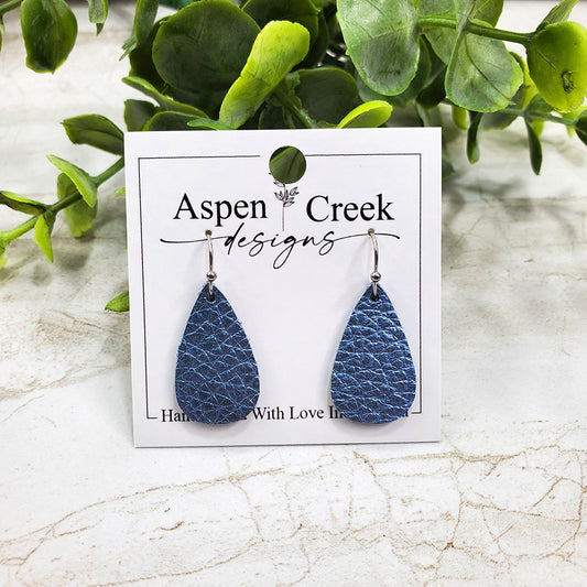 Mini Leather Earrings- Blue Metallic