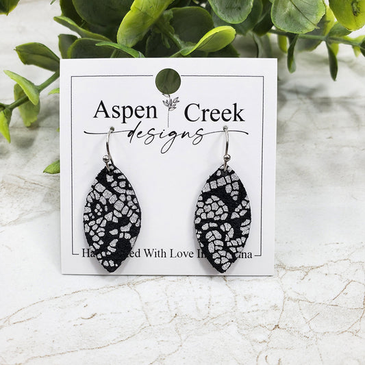 Mini Leather Earrings- Black Silver Metallic