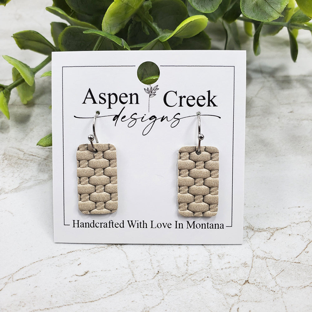 Mini Leather Earrings- Taupe Basket Weave