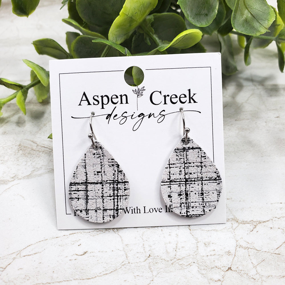 Mini Leather Earrings- Black & Gray Crosshatch