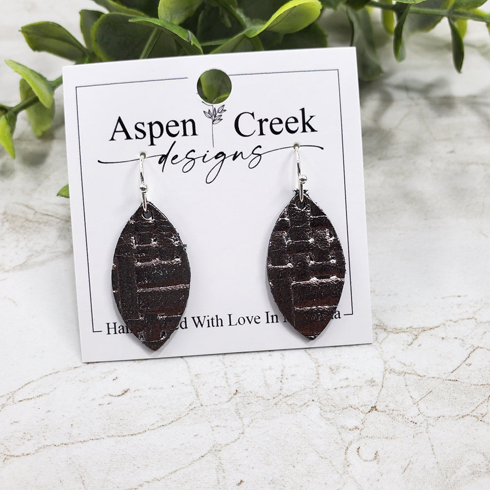 Mini Leather Earrings- Gunmetal Metallic Weave